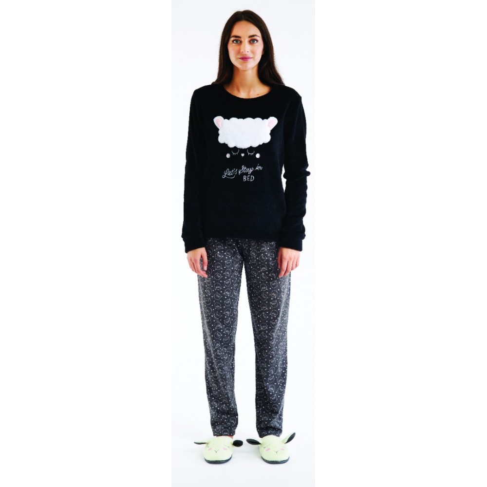 Women's Pajamas or Home Wear with Plush Shirts and Long Pants Jersey (Black and Grey)